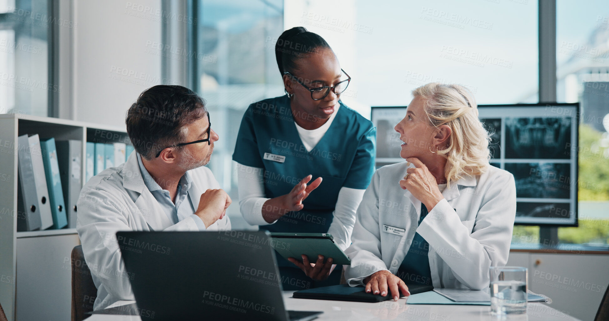 Buy stock photo Hospital, nurse and doctors on tablet in meeting for consulting, teamwork and medical advice. Healthcare, radiology and man and women on digital tech for collaboration, research or telehealth website