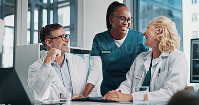 Buy stock photo Hospital, happy and doctors in meeting for consulting, teamwork and medical advice. Healthcare, radiology clinic and man with women on digital tech for collaboration, research or telehealth website