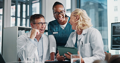 Buy stock photo Hospital, happy and doctors on tablet in meeting for consulting, teamwork and medical advice. Healthcare, clinic and man and women on digital tech for collaboration, research or telehealth website