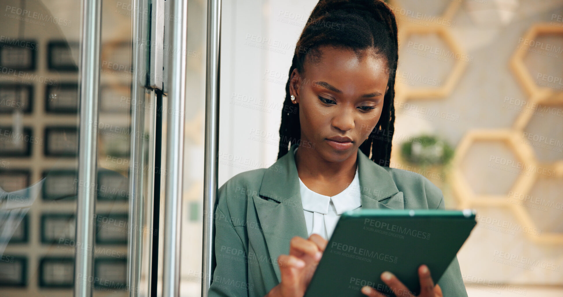 Buy stock photo Business, internet and black woman in office, tablet and typing with research, online reading and digital app. African person, employee and consultant in workplace, tech and network for email
