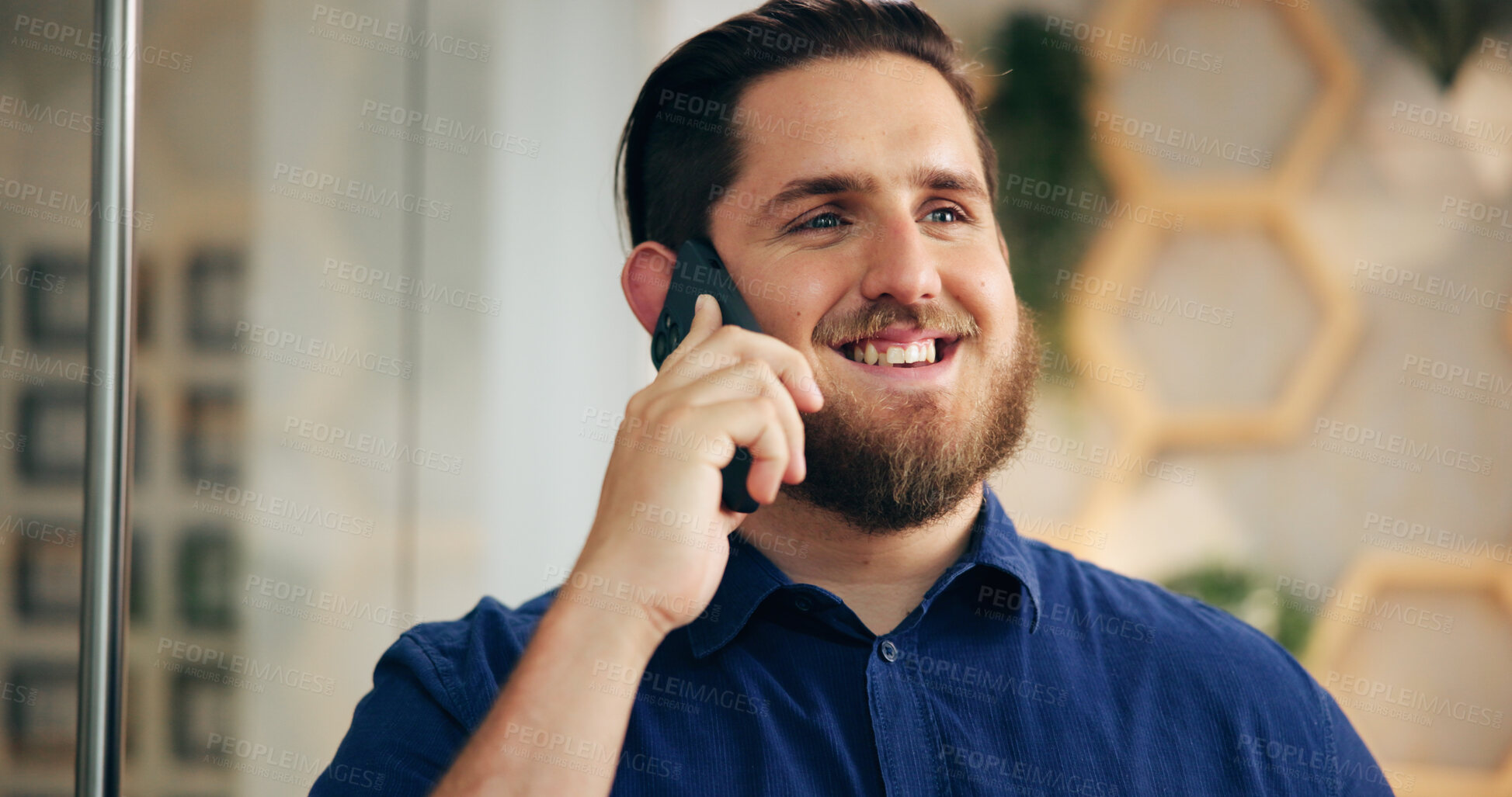 Buy stock photo Phone call, planning and smile with man in hotel lobby for booking, communication or reservation. Hospitality, conversation and contact with happy concierge in lodge or resort at luxury accommodation