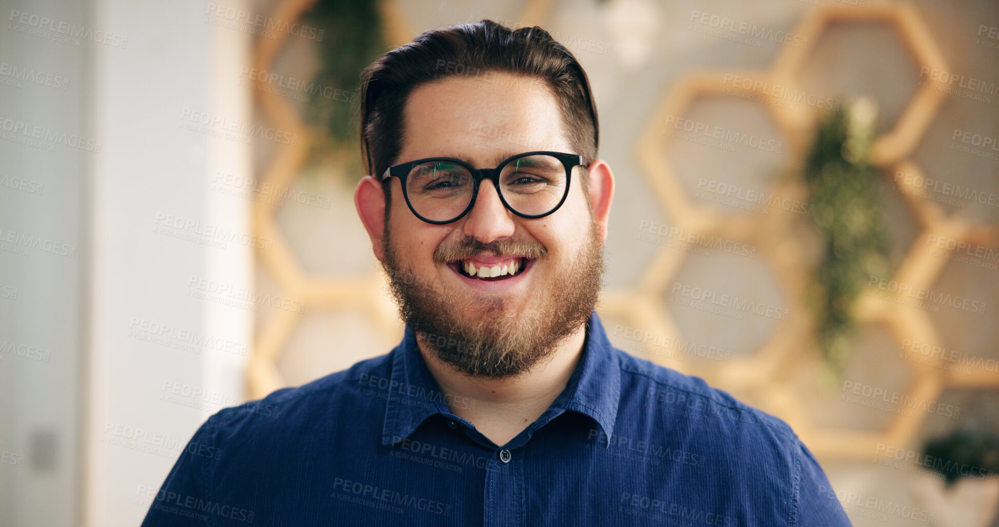 Buy stock photo Hospitality, portrait and smile of man concierge in hotel for accommodation or welcome. Booking, friendly and glasses with happy receptionist in lodge or resort for holiday or vacation reservation