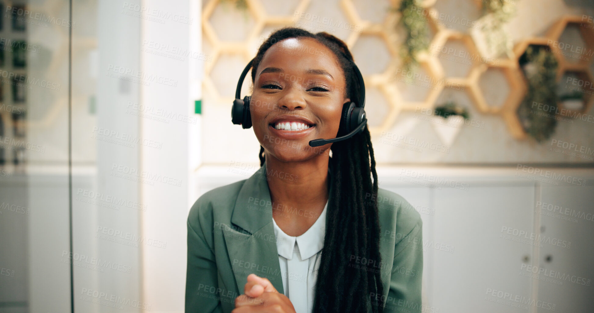 Buy stock photo Headset, portrait and smile of black woman concierge at front desk of hotel for hospitality or welcome. Accommodation, booking and reservation with happy receptionist in lobby for friendly greeting