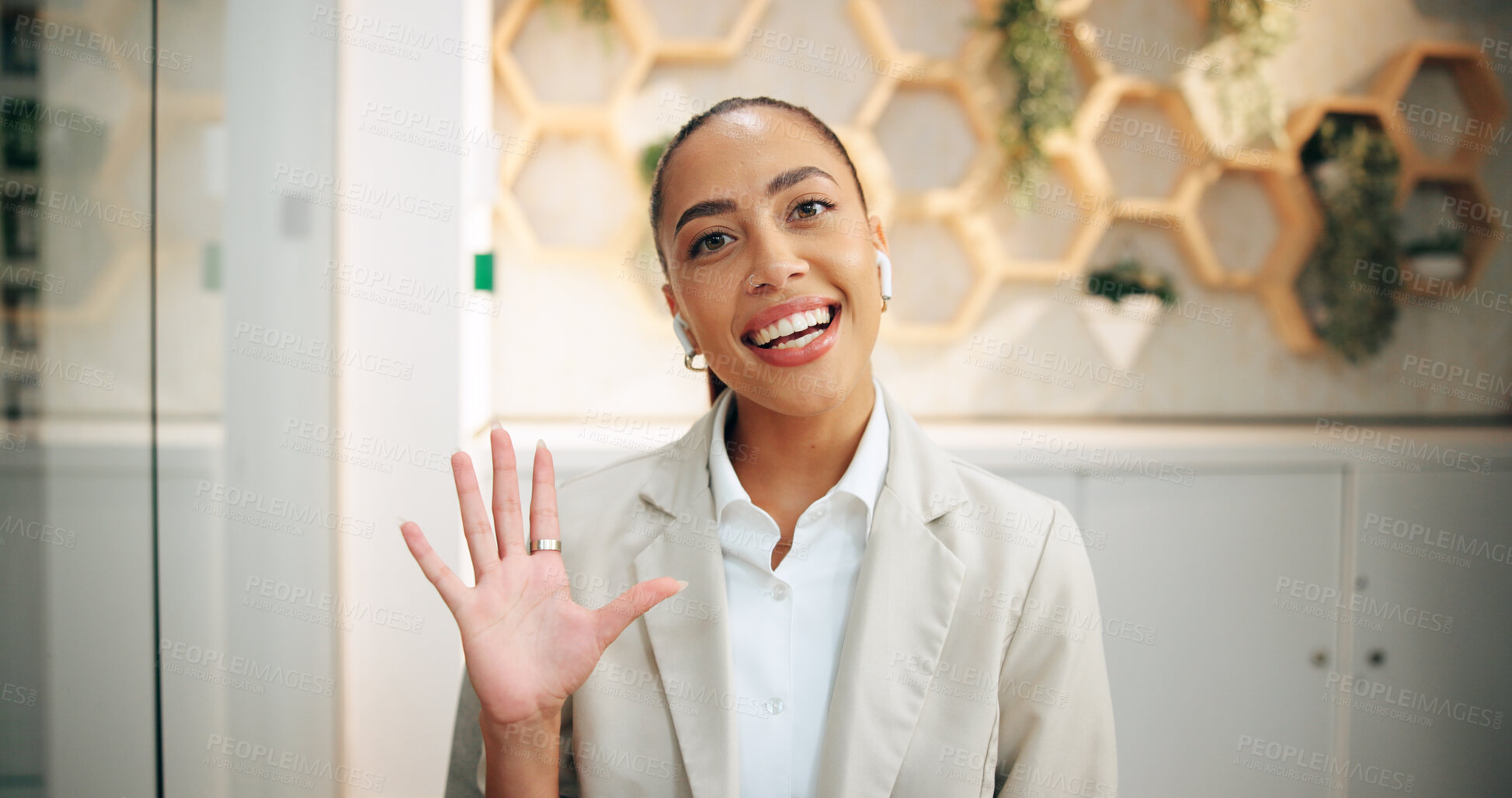 Buy stock photo Portrait, video call and wave with woman in hotel for introduction, virtual tour or welcome. Booking, information and reservation with happy concierge in lobby for accommodation or hospitality