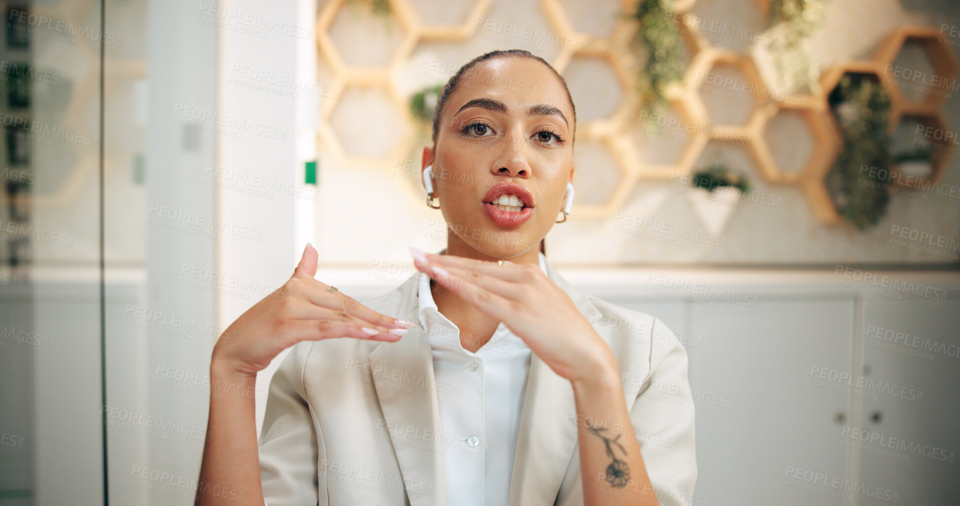 Buy stock photo Portrait, video call and woman receptionist in hotel for introduction, virtual tour or welcome. Booking, explain and reservation with serious concierge in lobby for accommodation or hospitality