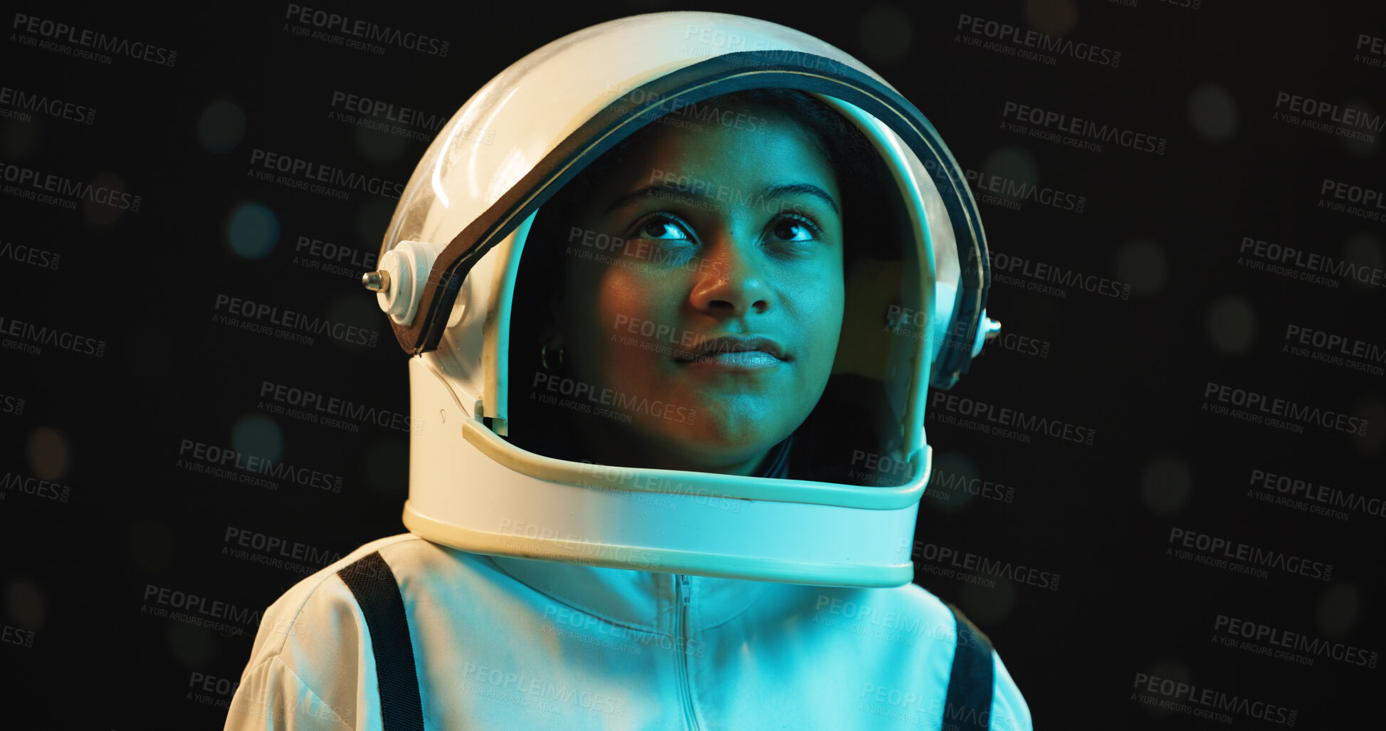 Buy stock photo Girl, thinking and astronaut with space helmet at night for galaxy adventure, journey or universe. Female person, face or thoughtful teenager with dream, ambition or spacesuit in wonder or curiosity