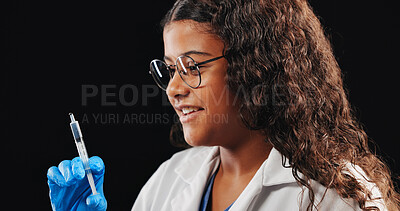 Buy stock photo Child, play and doctor with syringe in studio of vaccine, drug injection and medicine treatment. Smile, kid and needle of healthcare safety, virus prevention or medical innovation on black background