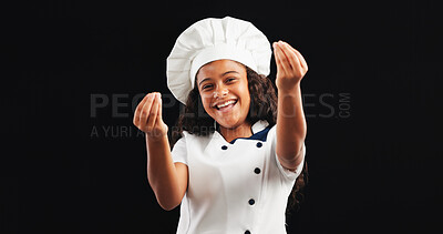 Buy stock photo Happy, portrait and child with chef costume in studio for halloween, imagination or career day. Role play, smile and girl with dress up for culinary artist with approval gesture by black background.
