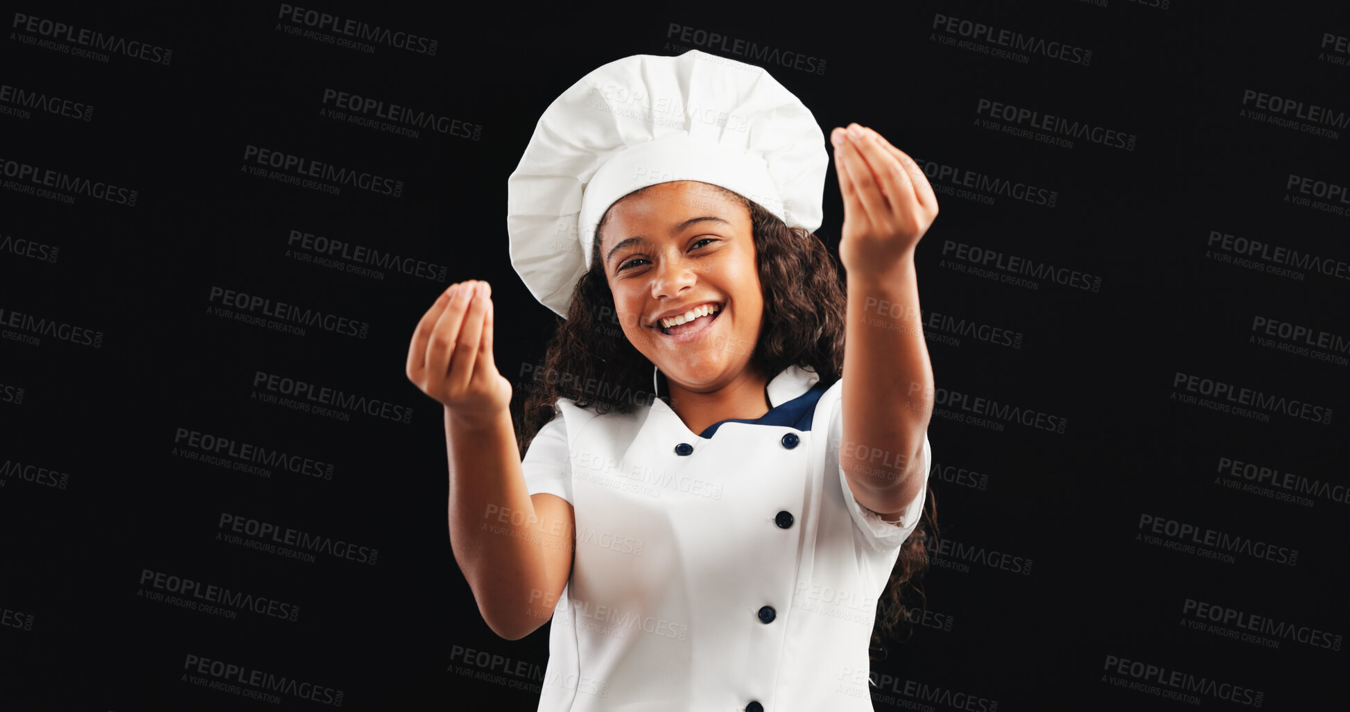 Buy stock photo Happy, portrait and child with chef costume in studio for halloween, imagination or career day. Role play, smile and girl with dress up for culinary artist with approval gesture by black background.