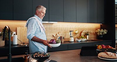 Buy stock photo Mature man, tablet and meal prep with recipe tutorial, dinner method or online guide in home. Learning, instructions and senior person in kitchen with healthy ingredients, diet or cooking steps