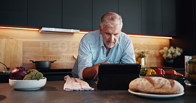 Buy stock photo Senior man, tablet and search with recipe tutorial, dinner method or online guide in home. Learning, instructions and mature person in kitchen with healthy ingredients, diet or steps in meal prep