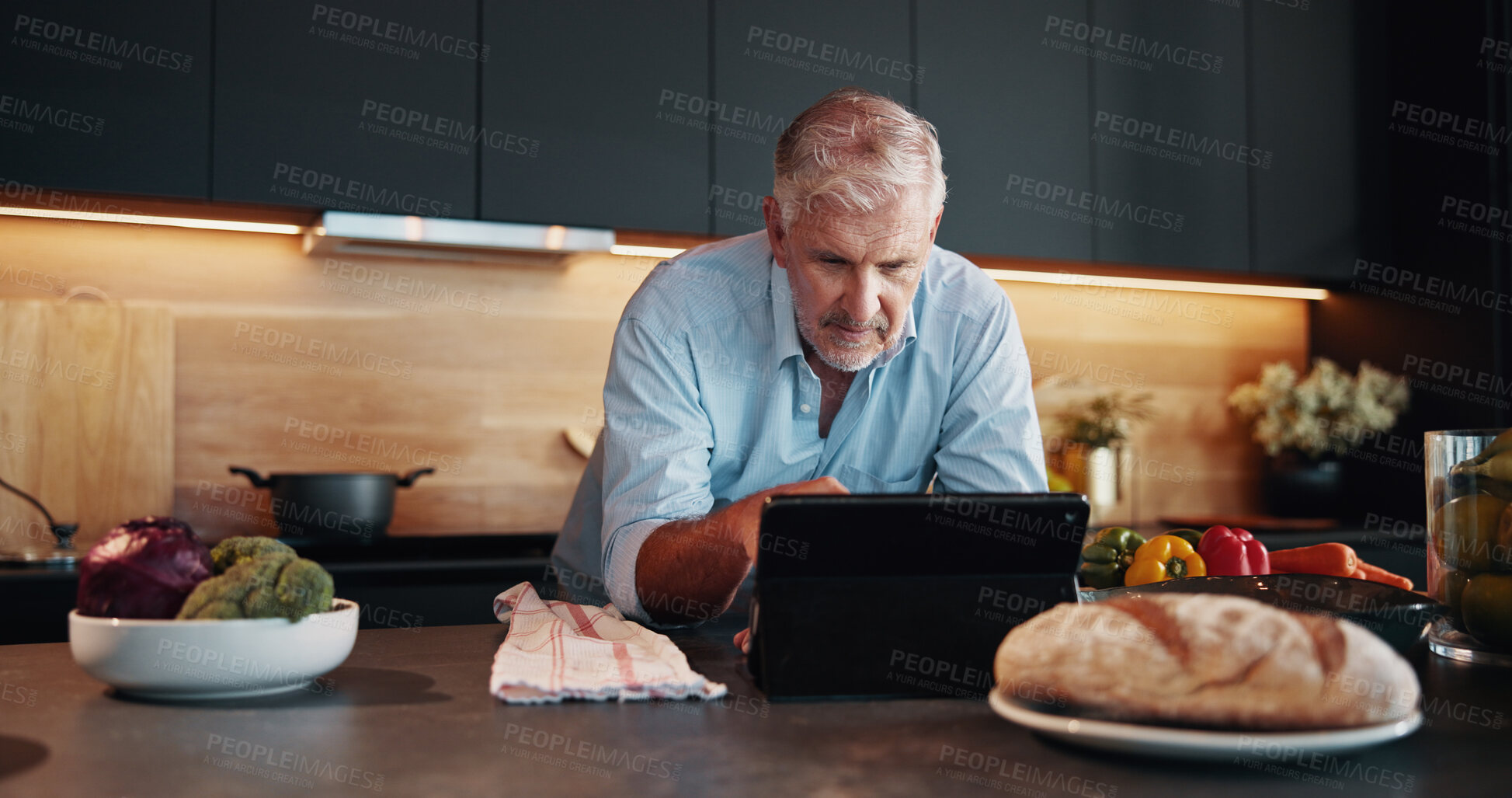Buy stock photo Senior man, tablet and search with recipe tutorial, dinner method or online guide in home. Learning, instructions and mature person in kitchen with healthy ingredients, diet or steps in meal prep