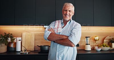 Buy stock photo Arms crossed, happy and portrait of old man in kitchen of home for cooking dinner, food or meal. Retirement, smile and wellness with confident senior person in apartment for diet, health or nutrition