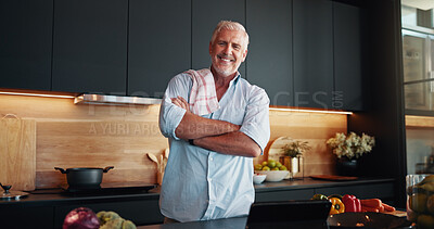 Buy stock photo Mature man, arms crossed and smile with recipe, tablet and online dinner tutorial in home. Portrait, nutritionist and senior person in kitchen with ingredients, diet research or lunch meal prep steps