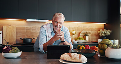 Buy stock photo Mature man, tablet and portrait with cooking tutorial, dinner method or online guide in home. Learning, instructions and senior person in kitchen with healthy ingredients, diet or steps in meal prep