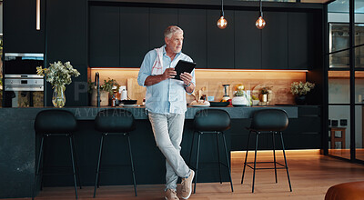 Buy stock photo Mature man, tablet and thinking with recipe research, dinner tutorial or online guide in home. Ideas, learning and senior person in kitchen with instructions, nutritionist diet or steps in meal prep