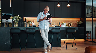 Buy stock photo Mature man, tablet and meal prep research with reading, dinner tutorial or online guide in home. Learning, instructions and senior person in kitchen with thinking, nutritionist diet or recipe steps