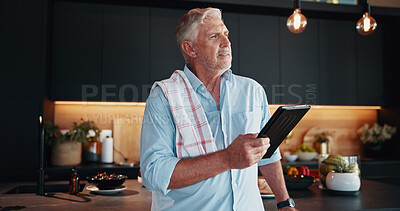 Buy stock photo Mature man, tablet and meal prep idea with thinking, dinner tutorial or online guide in home. Learning, instructions and senior person in kitchen with decision, diet planning or blog recipe steps