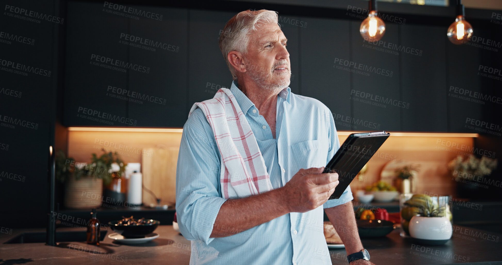Buy stock photo Mature man, tablet and meal prep idea with thinking, dinner tutorial or online guide in home. Learning, instructions and senior person in kitchen with decision, diet planning or blog recipe steps