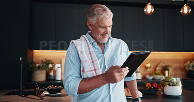 Buy stock photo Mature man, tablet and meal prep with cooking idea, dinner tutorial or online guide in home. Learning, instructions and senior person in kitchen with healthy ingredients, diet or recipe steps