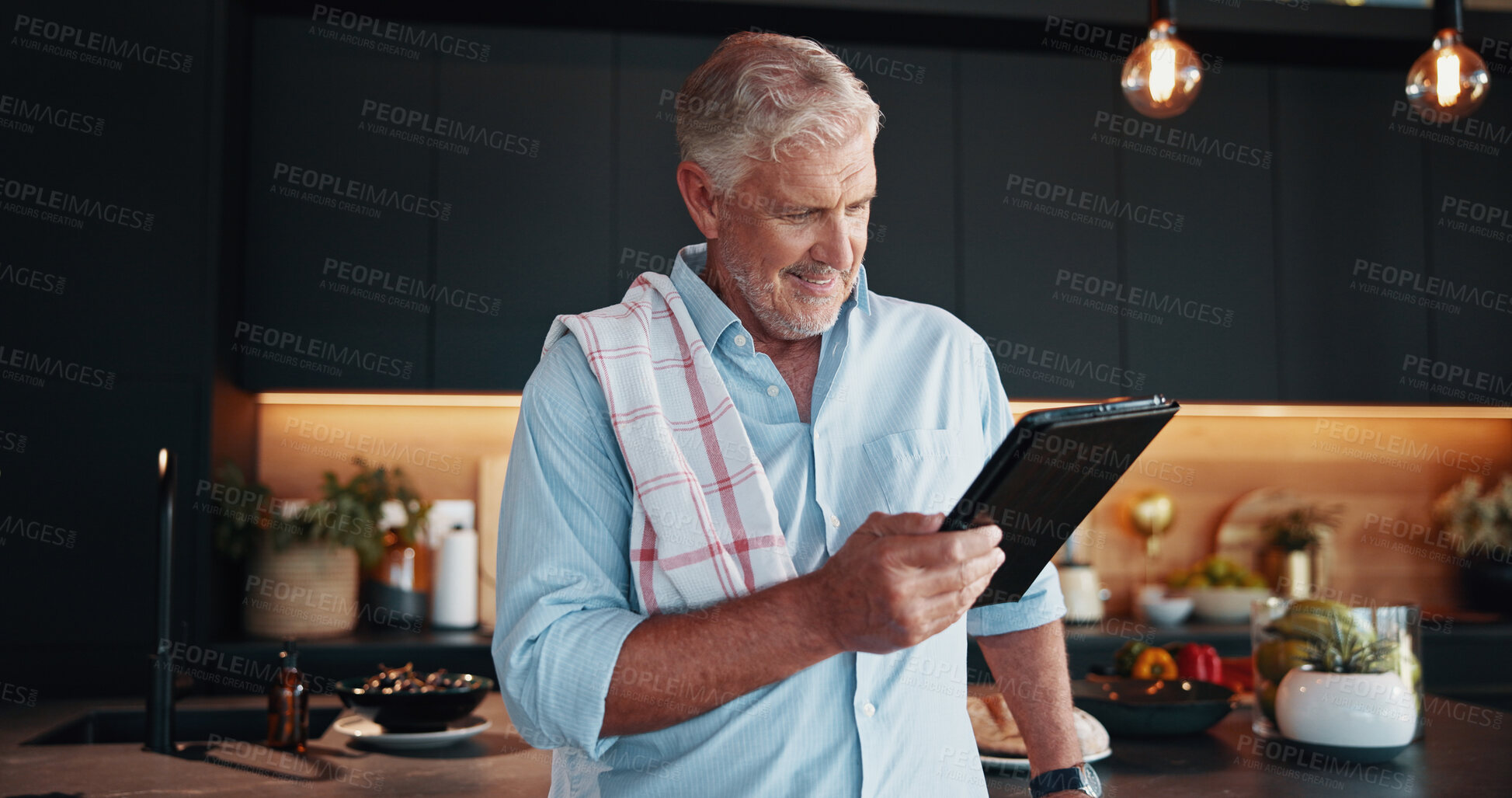 Buy stock photo Mature man, tablet and meal prep with cooking idea, dinner tutorial or online guide in home. Learning, instructions and senior person in kitchen with healthy ingredients, diet or recipe steps