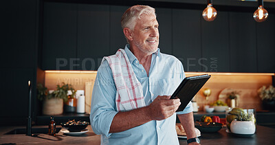 Buy stock photo Senior man, tablet and meal prep with cooking idea, dinner tutorial or online guide in home. Learning, instructions and mature person in kitchen with decision, diet planning or recipe steps research