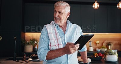 Buy stock photo Mature man, tablet and thinking with recipe tutorial, dinner method or online guide in home. Learning, instructions and senior person in kitchen with healthy ingredients, diet or steps in meal prep
