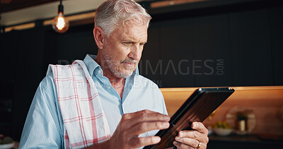 Buy stock photo Senior man, tablet and thinking with recipe blog, dinner tutorial or online guide in home. Learning, instructions and mature person in kitchen with healthy ingredients, diet or steps in meal prep