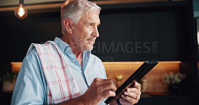 Buy stock photo Senior man, tablet and blog recipe with thinking, dinner tutorial or online guide in home. Learning, instructions and mature person in kitchen with decision, diet planning or steps in meal prep