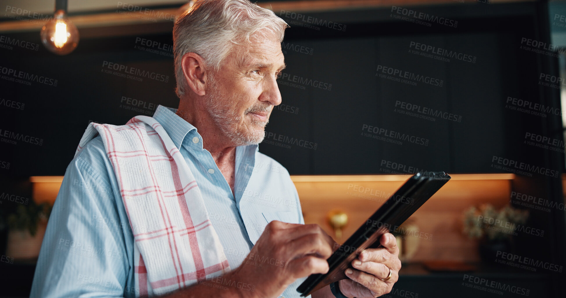 Buy stock photo Senior man, tablet and blog recipe with thinking, dinner tutorial or online guide in home. Learning, instructions and mature person in kitchen with decision, diet planning or steps in meal prep