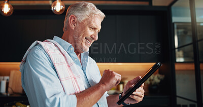 Buy stock photo Mature man, tablet and blog recipe with smile, dinner tutorial or online guide in home. Learning, instructions and senior person in kitchen with healthy ingredients, diet or steps in meal prep