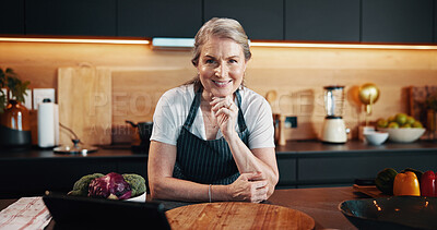 Buy stock photo Home, portrait and woman in kitchen, tablet or food with nutrition, social media or confidence. Senior person, apartment and chef with tech, culinary skills and hobby with ingredients and smile