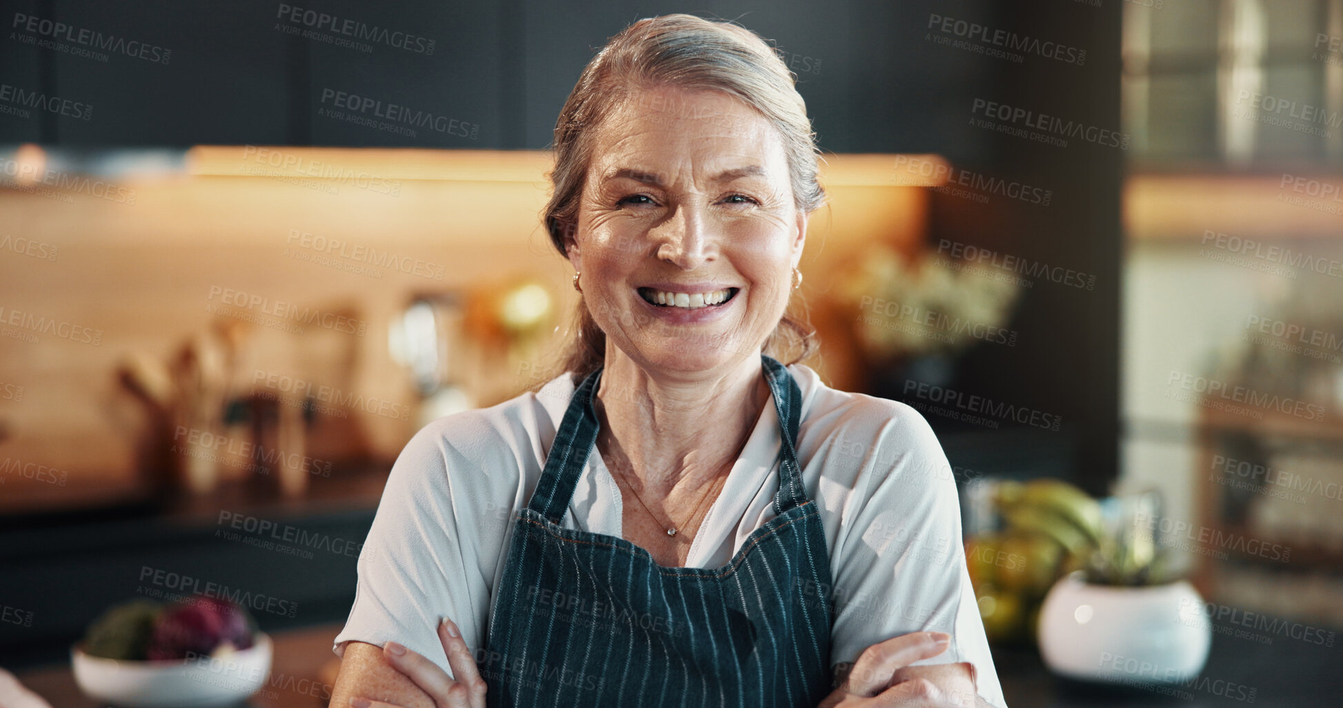 Buy stock photo Portrait, woman and chef pride at house with confidence, cooking skills and hospitality services. Smile, mature person and arms crossed with culinary ambition, catering industry and personalized menu