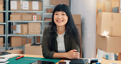 Buy stock photo Portrait, shipping or happy Asian woman in office for logistics, small business or distribution. Supply chain, ecommerce and worker in startup warehouse, freight or procurement professional in Taiwan