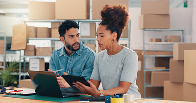 Buy stock photo Collaboration, laptop and tablet with people in distribution warehouse for logistics or supply chain. Computer, conversation and shipping with team in office for order delivery or boxes for packages