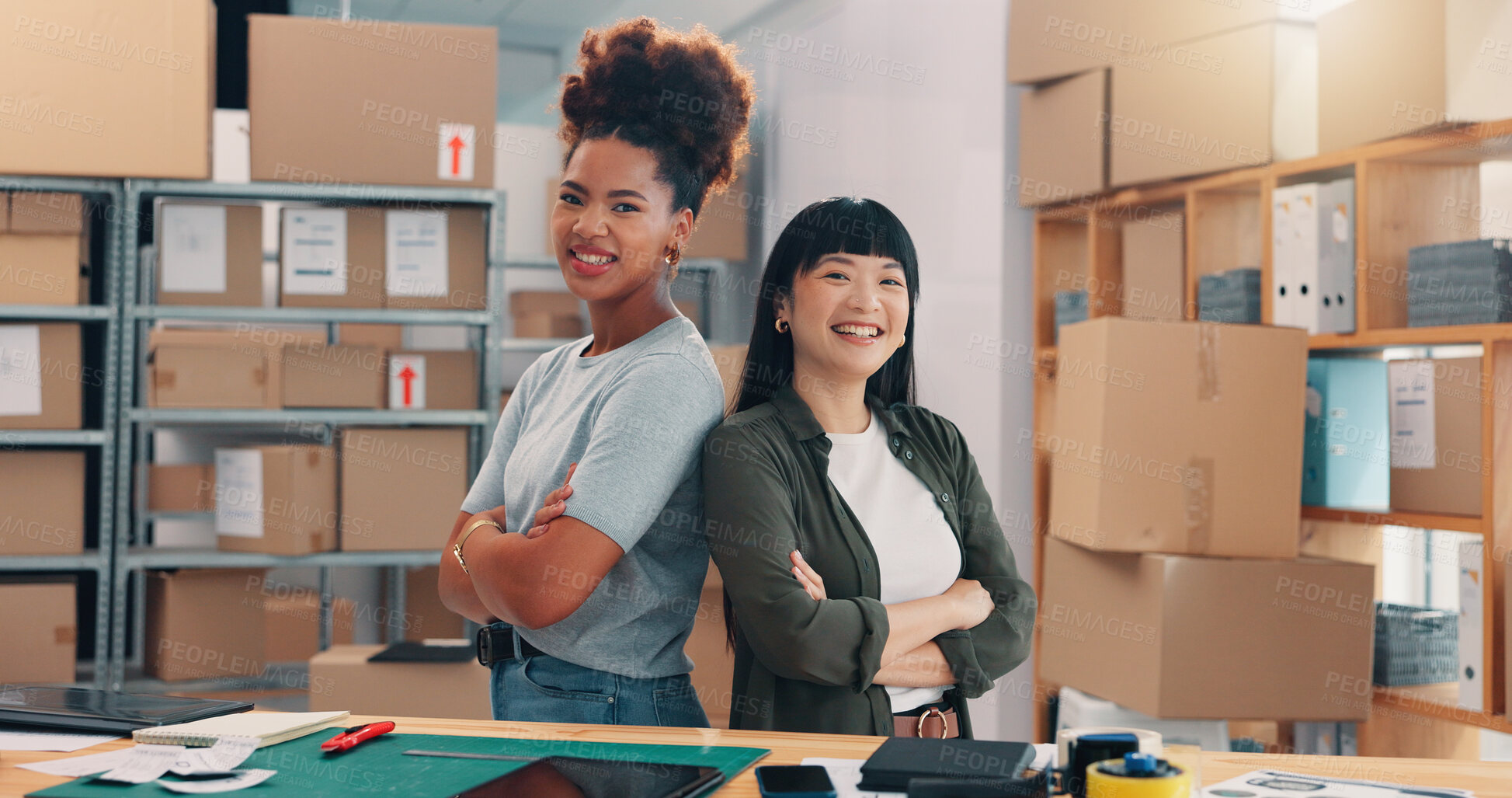 Buy stock photo Business women, portrait and confidence with boxes in logistics for supply chain or distribution service. Female people, employees or distributors with smile or arms crossed for online shipping store