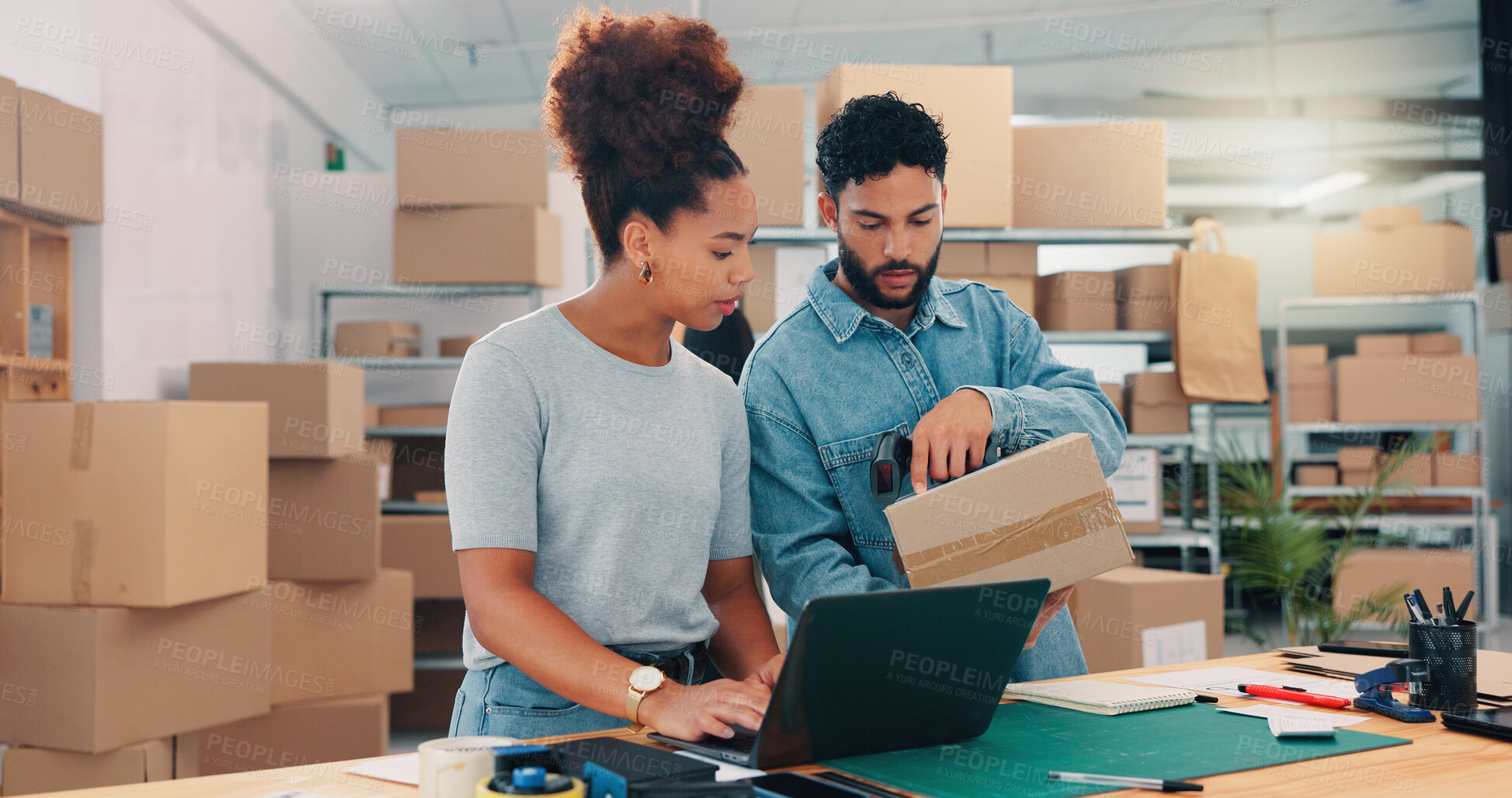 Buy stock photo Box, laptop and planning with people in distribution warehouse for logistics or supply chain. Computer, conversation and shipping code with team in office for order delivery of cardboard packages