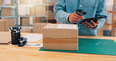 Buy stock photo Person, hands and box with tablet or scanner for inventory, shipping or pricing stock at storage warehouse. Closeup, distributor or checking supply chain with technology for online order or parcel