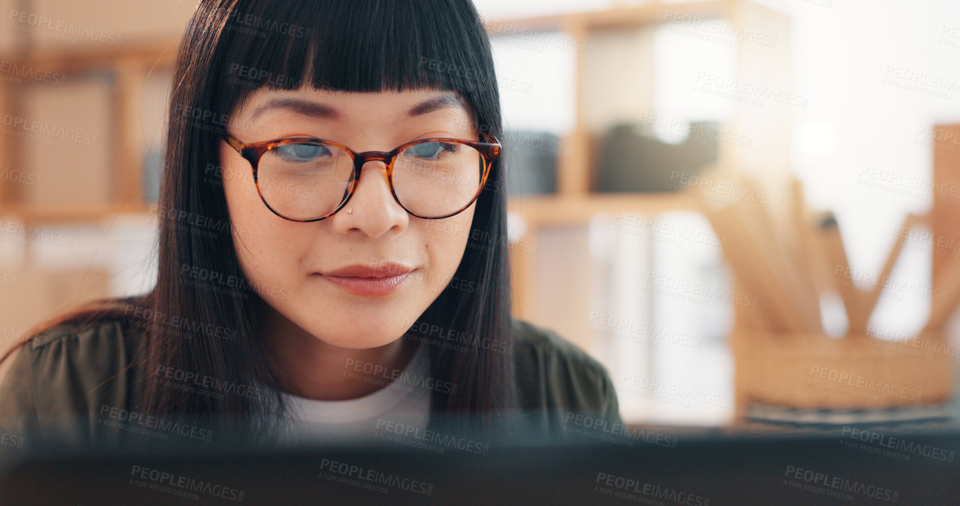 Buy stock photo Delivery, laptop and supply chain with asian woman in office for distribution, schedule or shipping. Computer, courier and logistics with employee in office for shipment of export or import order