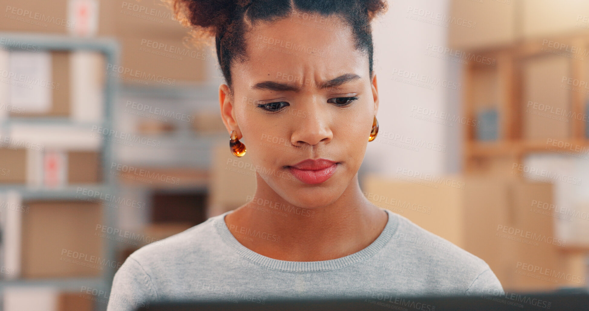 Buy stock photo Confused, woman and laptop with logistics for supplier issue, delivery cost or shipping inflation at warehouse. Female person, African distributor or concern on computer for supply chain tax or stock