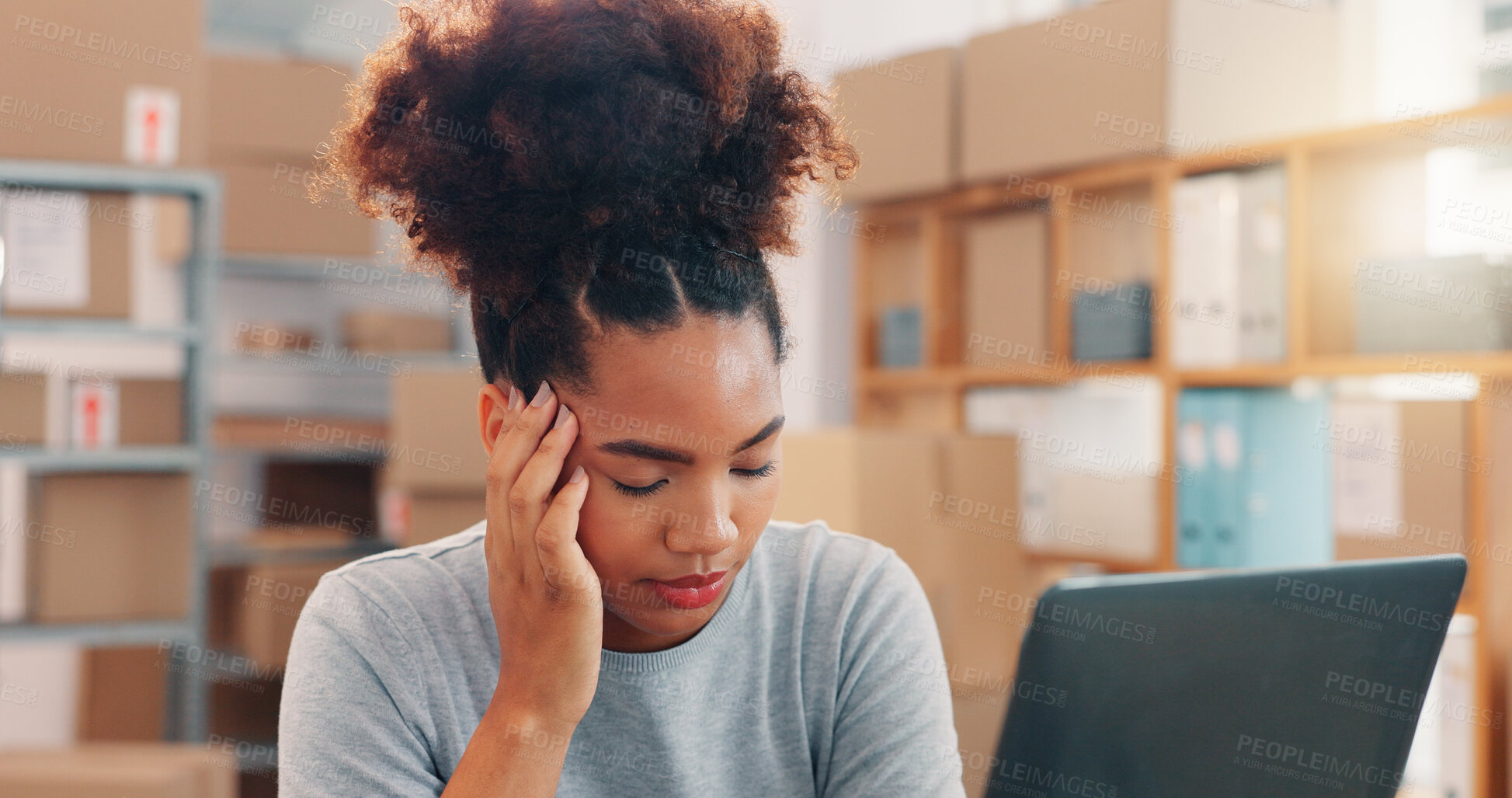 Buy stock photo Frustrated, business woman and headache with laptop in logistics for supplier issue, tax or shipping inflation. Female person, distributor or employee with stress for freight delay or delivery costs