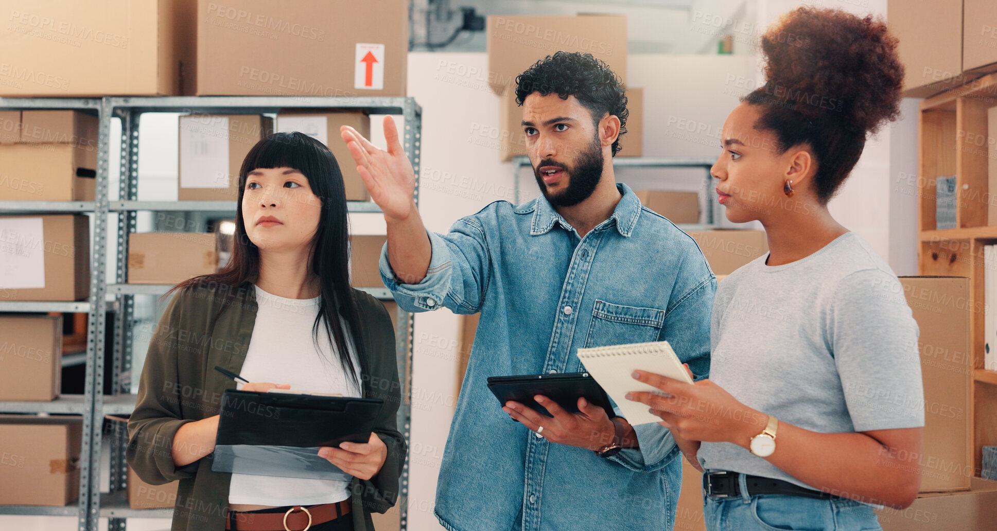 Buy stock photo Group, shipping and business people planning logistics, inventory or cargo management. Distribution, worker and discussion in warehouse for supply chain, ecommerce or stock check on tablet in startup
