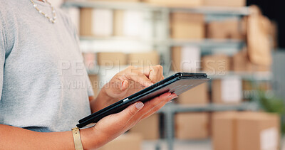 Buy stock photo Tablet, planning and shipping with hands of woman in warehouse for logistics route, customer rating or cargo box. Inventory checklist, ecommerce delivery with closeup of person in factory for export