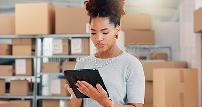 Buy stock photo Tablet, delivery and shipping with woman in warehouse for logistics route, tracking code and cargo box. Inventory checklist, ecommerce with African person in factory for supplier distribution
