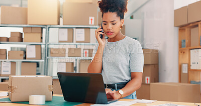 Buy stock photo Laptop, shipping and phone call with woman in warehouse for delivery route, logistics schedule and inventory order. Planning, ecommerce and supplier feedback with African person for cargo procurement
