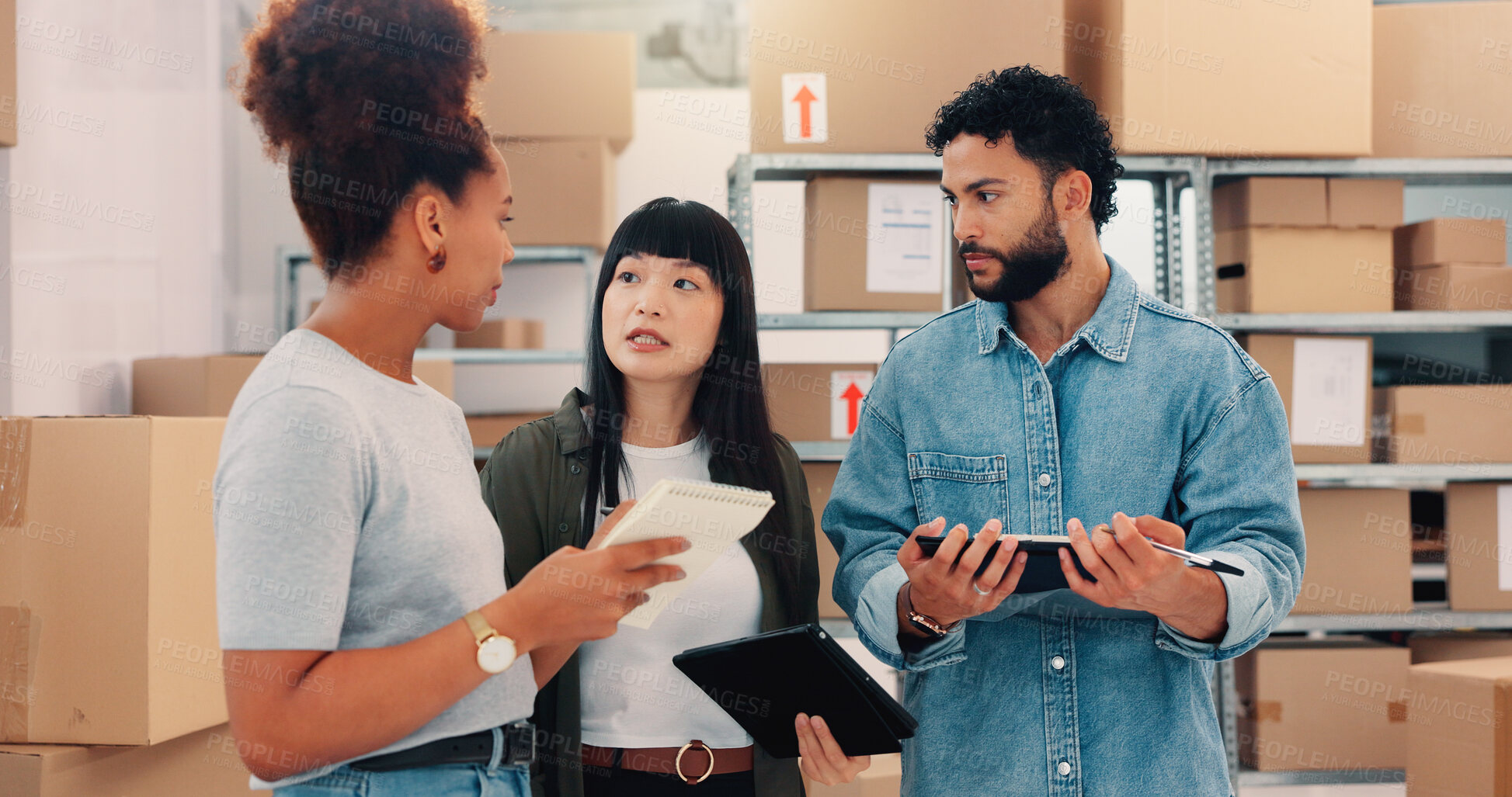 Buy stock photo Business people, logistics and meeting with boxes for distribution or supply chain discussion at warehouse. Group, employees or distributors with notes for inventory or stock control at storage depot