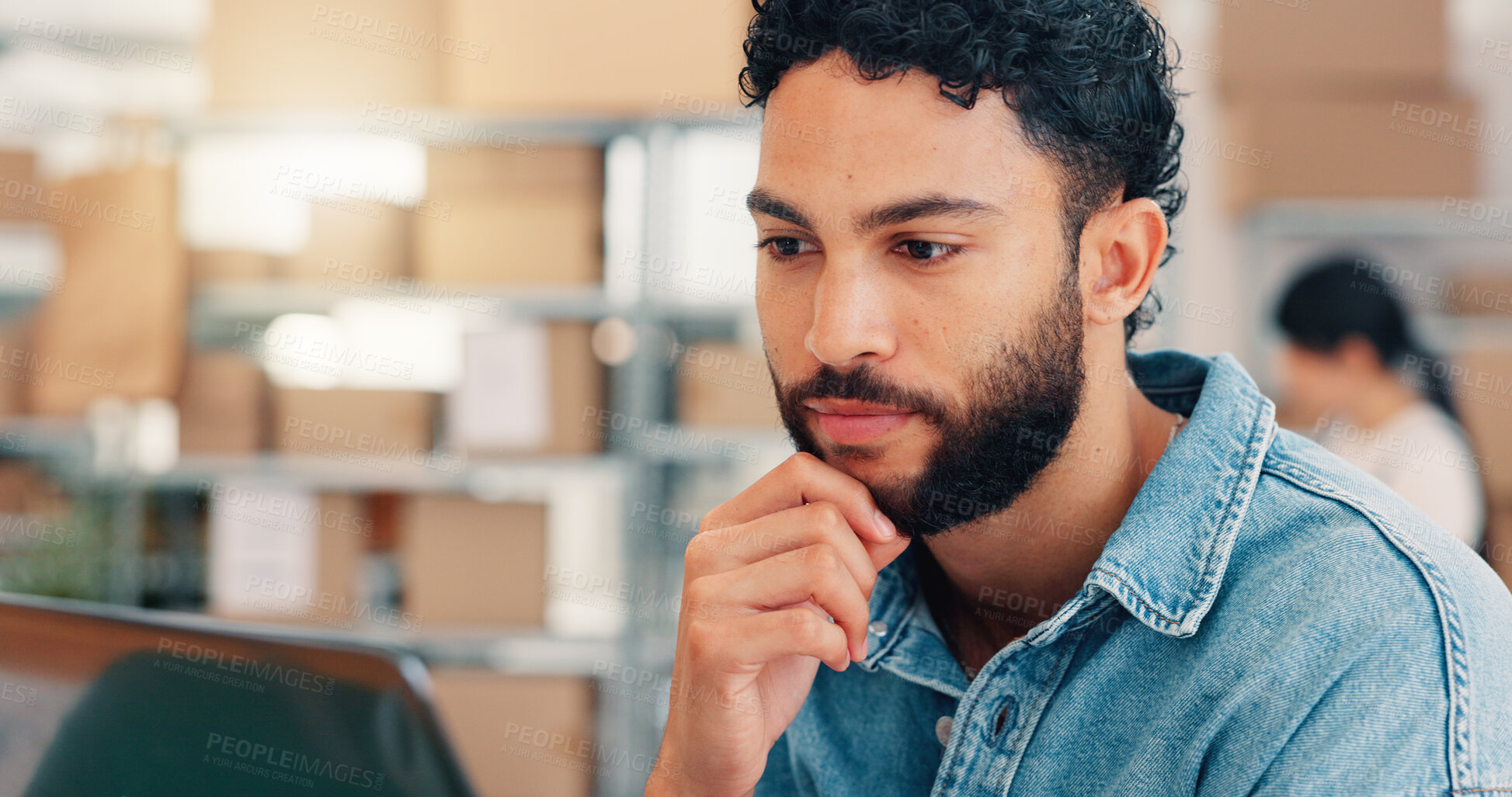 Buy stock photo Laptop, logistics and thinking with man in office for distribution, shipping or supply chain. Computer, planning and schedule with employee in delivery storage for shipment of export or import order