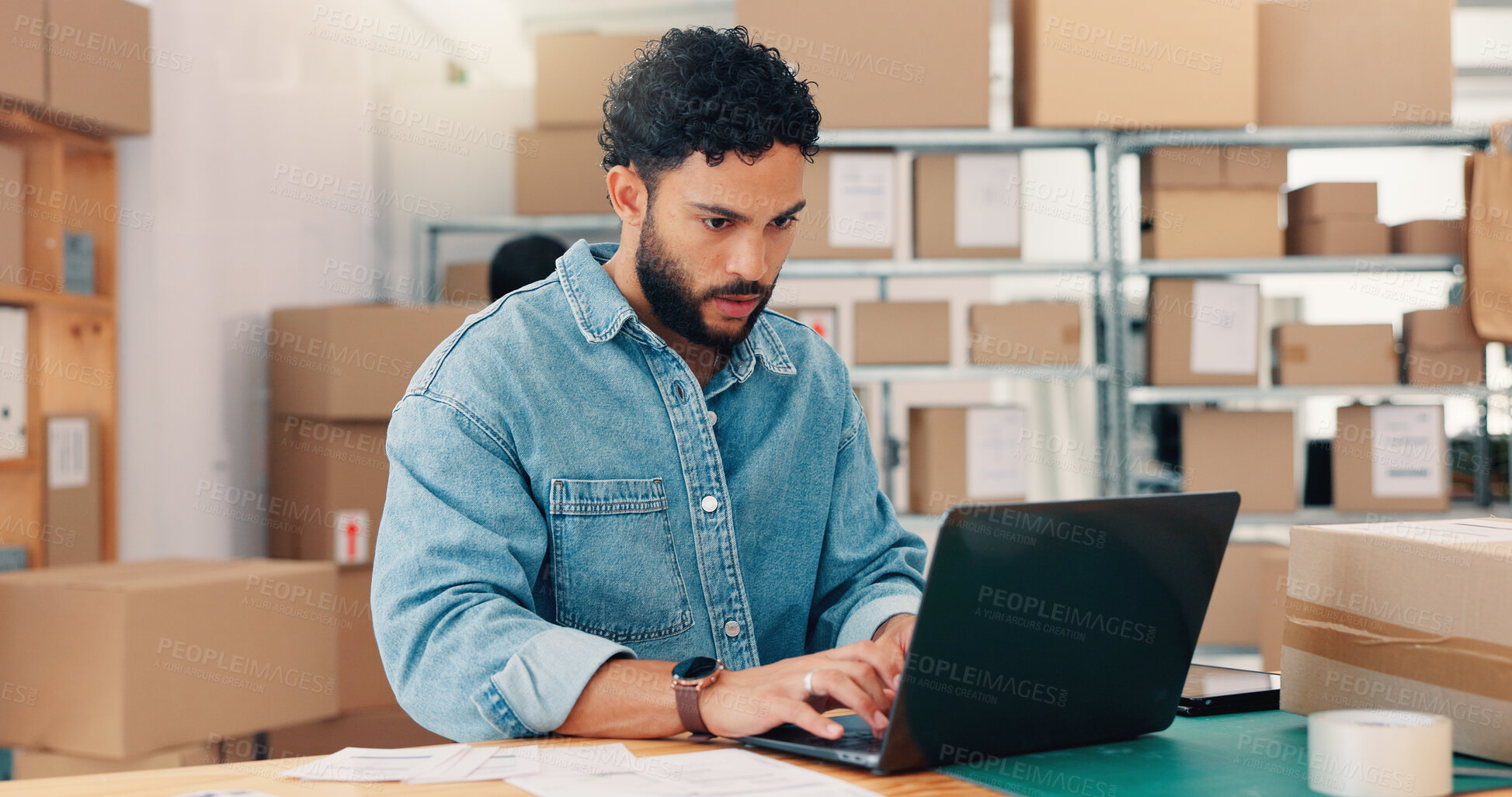 Buy stock photo Laptop, order and shipping with man in warehouse for logistics route, tracking code and cargo box. Inventory checklist, ecommerce delivery with person in factory for supplier distribution and depot