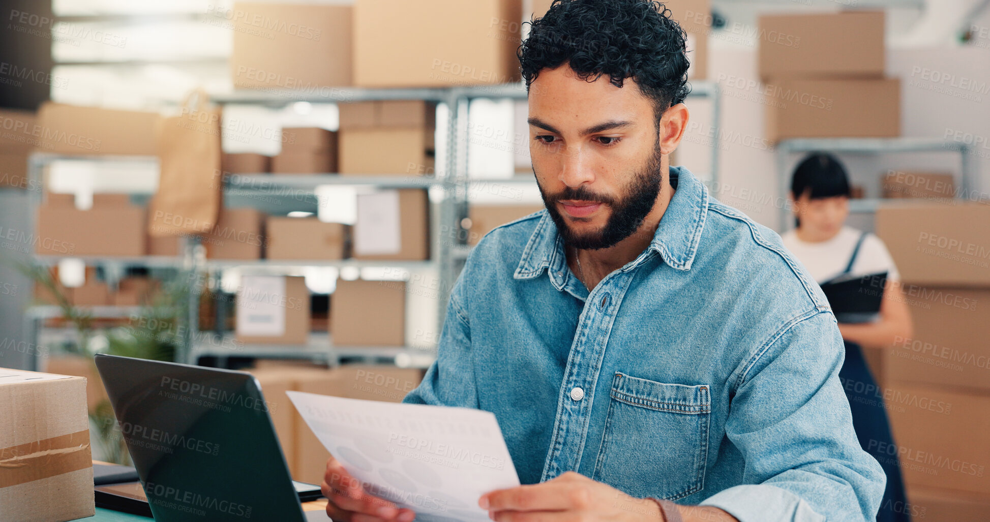 Buy stock photo Laptop, documents and shipping with man in warehouse for logistics route, tracking code and cargo. Inventory checklist, ecommerce delivery with person in factory for supplier distribution and depot