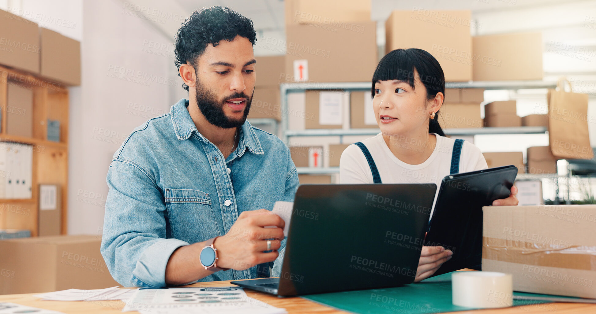 Buy stock photo Laptop, shipping and team with people in warehouse for delivery route, logistics schedule and inventory order. Planning, ecommerce depot and small business partner with employee for cargo procurement